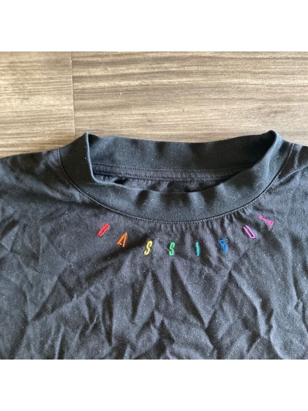 Bassigue Womens Black Cropped Cotton Tee with Rainbow Lettering Small - Picture 3 of 4